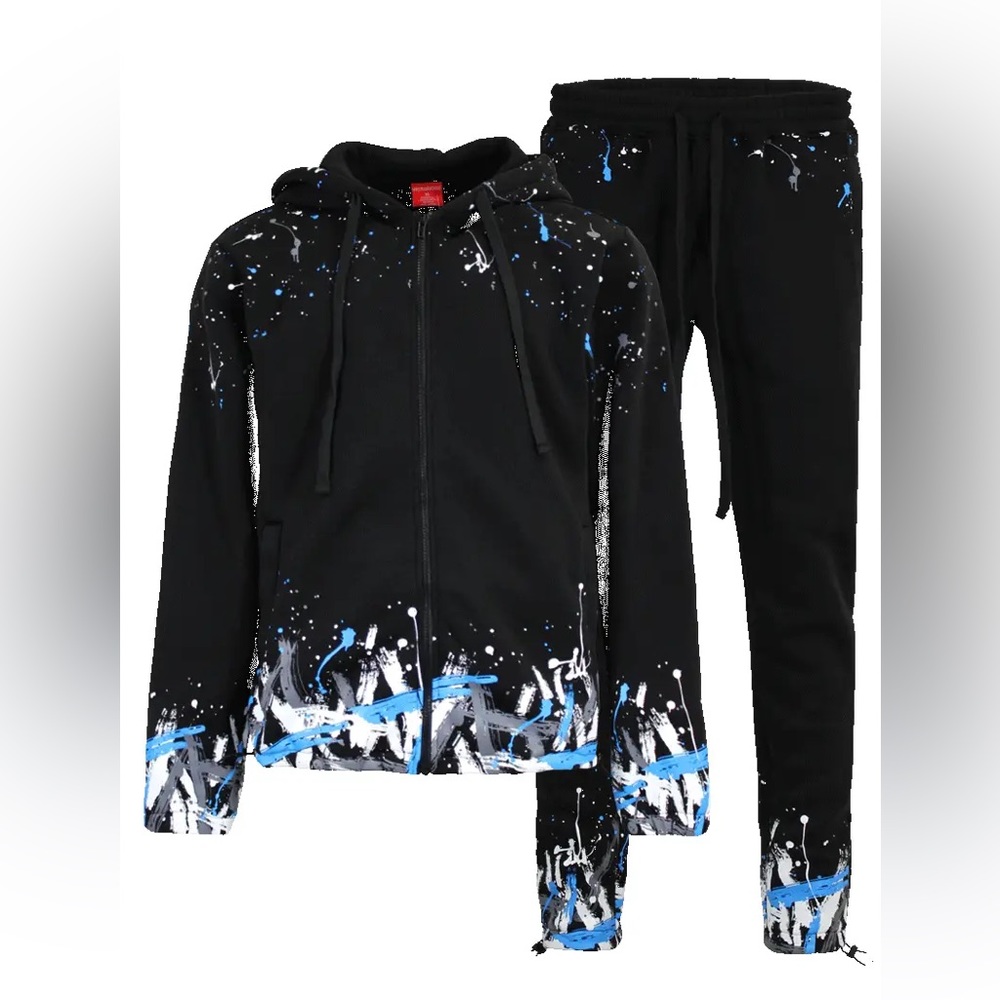 MEN PAINT SPLATTER FLEECE SET (BLACK/SKYBLUE)